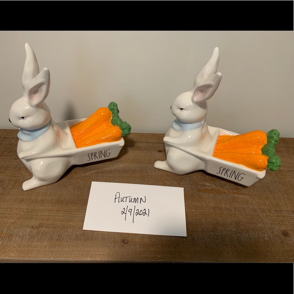 Rae Dunn spring bunny with wheel barrow